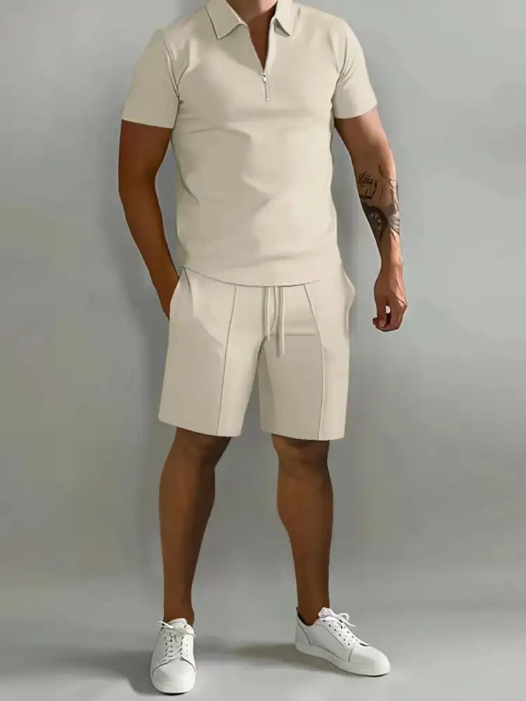 Men’s Full Size Collared Neck Short Sleeve Top and Shorts Set Plus
