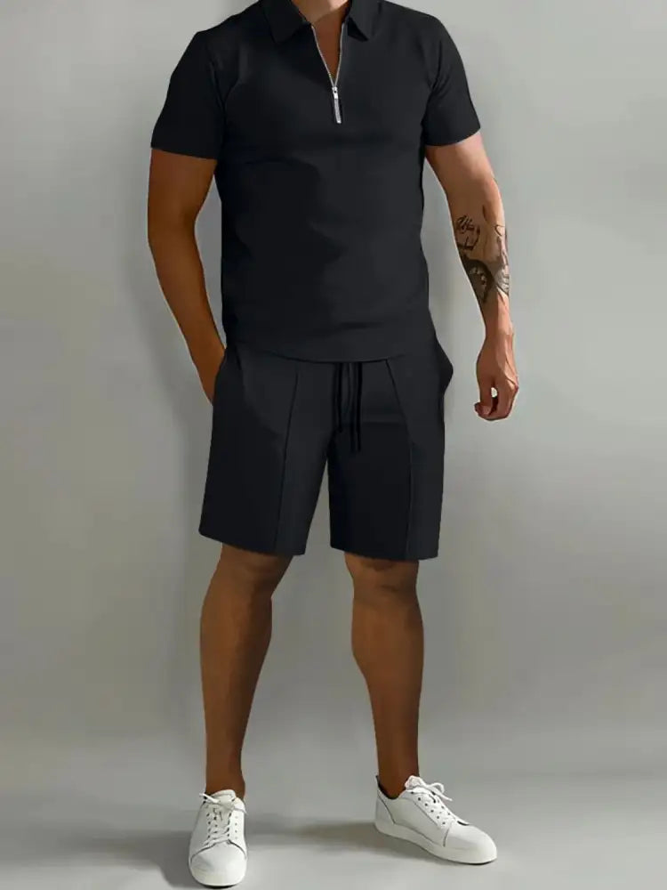 Men’s Full Size Collared Neck Short Sleeve Top and Shorts Set Plus