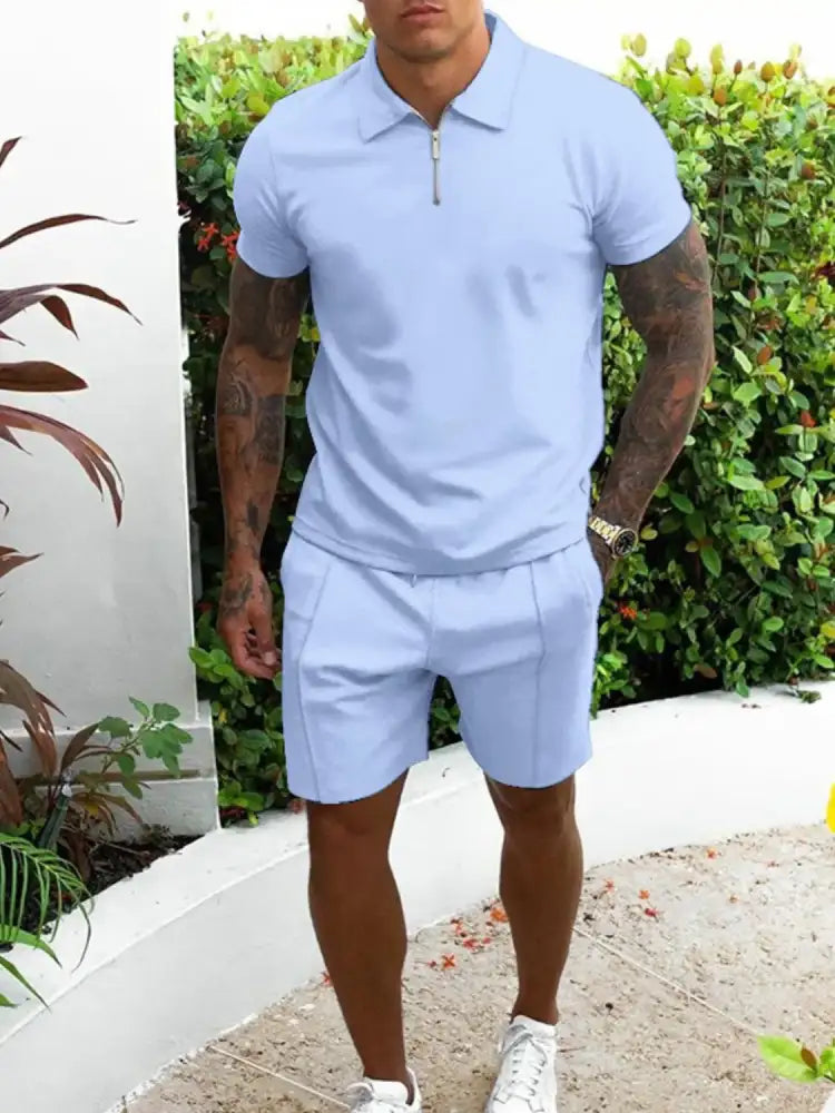 Men’s Full Size Collared Neck Short Sleeve Top and Shorts Set Plus
