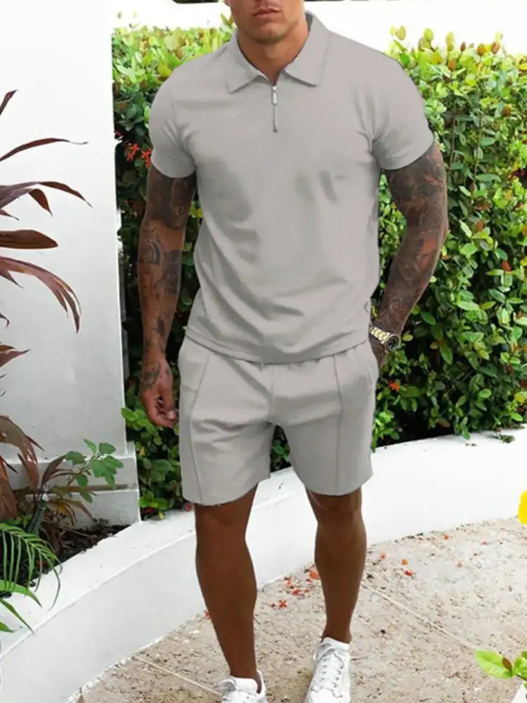 Men’s Full Size Collared Neck Short Sleeve Top and Shorts Set Plus