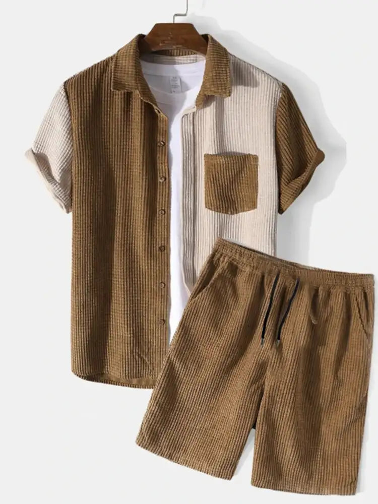 Men’s Full Size Color Block Button Up Shirt and Shorts Set Plus Size - corduroy two-piece set beige brown