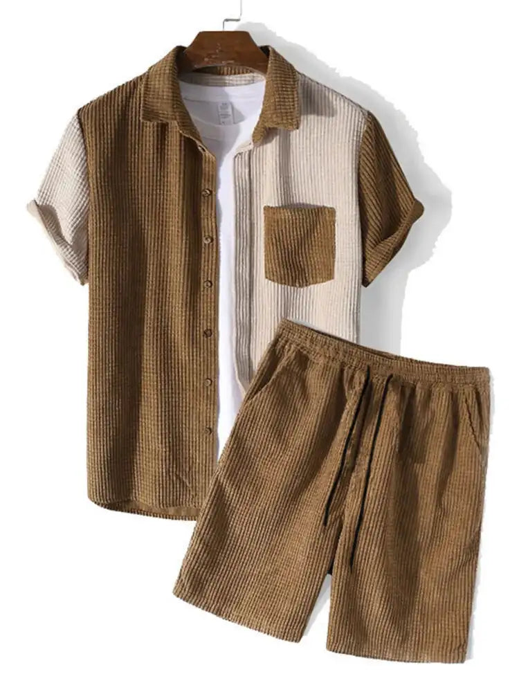 Men’s Full Size Contrast Shots Sleeve Shirt and Shorts Set Plus