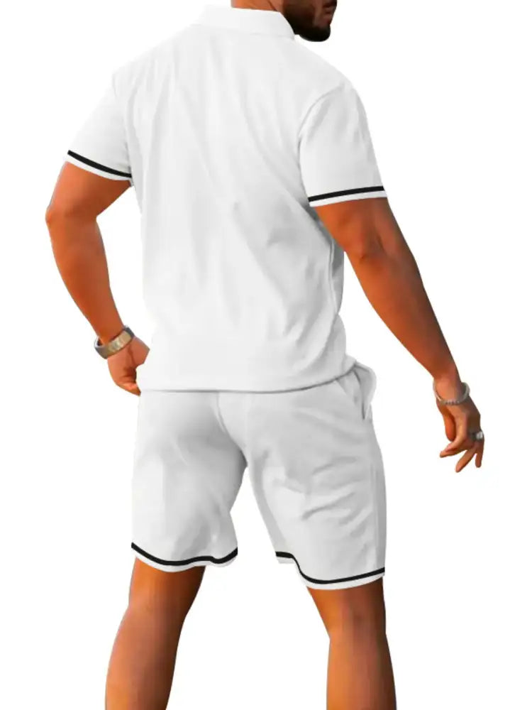 Men’s Full Size Contrast Trim Polo and Shorts Set Plus