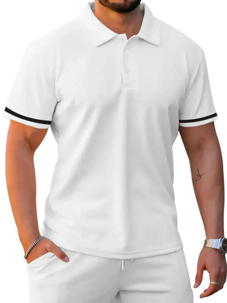 Men’s Full Size Contrast Trim Polo and Shorts Set Plus