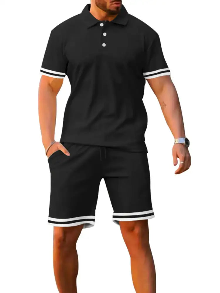 Men’s Full Size Contrast Trim Polo and Shorts Set Plus