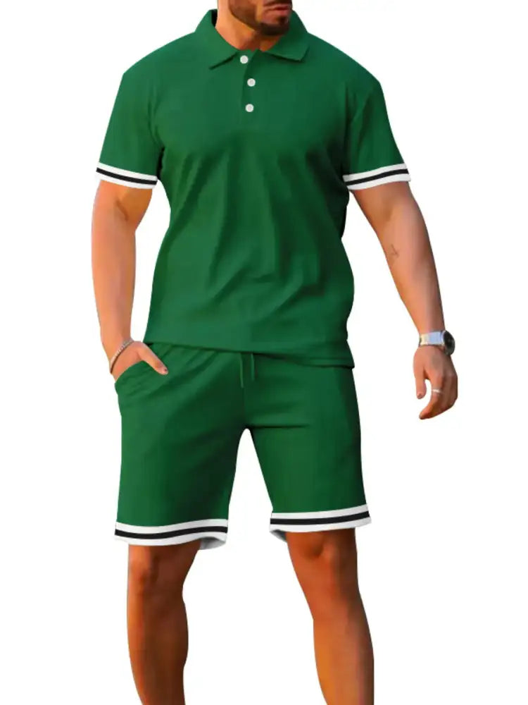 Men’s Full Size Contrast Trim Polo and Shorts Set Plus