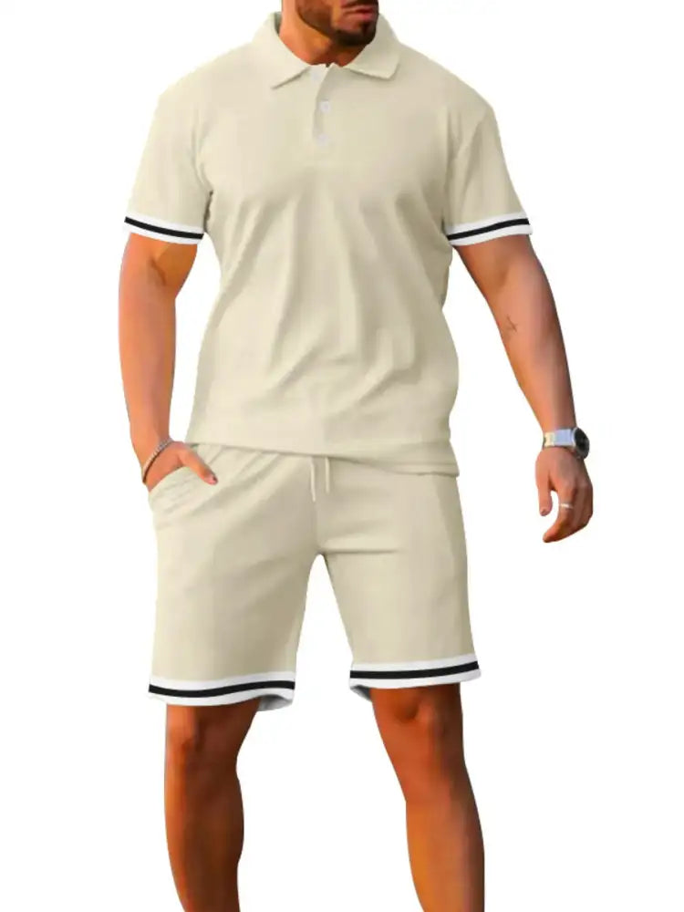 Men’s Full Size Contrast Trim Polo and Shorts Set Plus