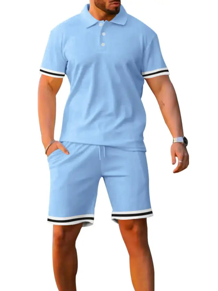 Men’s Full Size Contrast Trim Polo and Shorts Set Plus