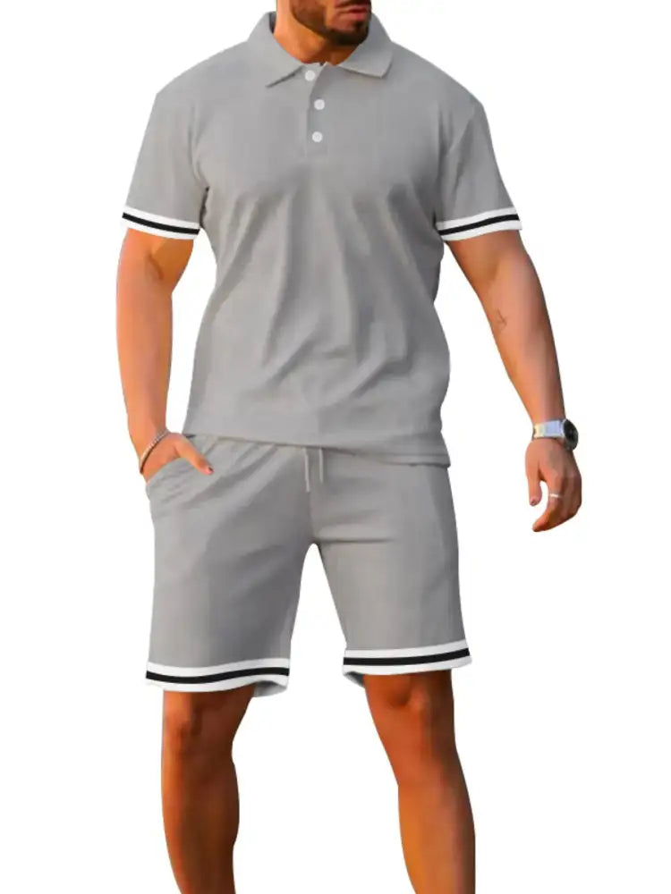 Men’s Full Size Contrast Trim Polo and Shorts Set Plus