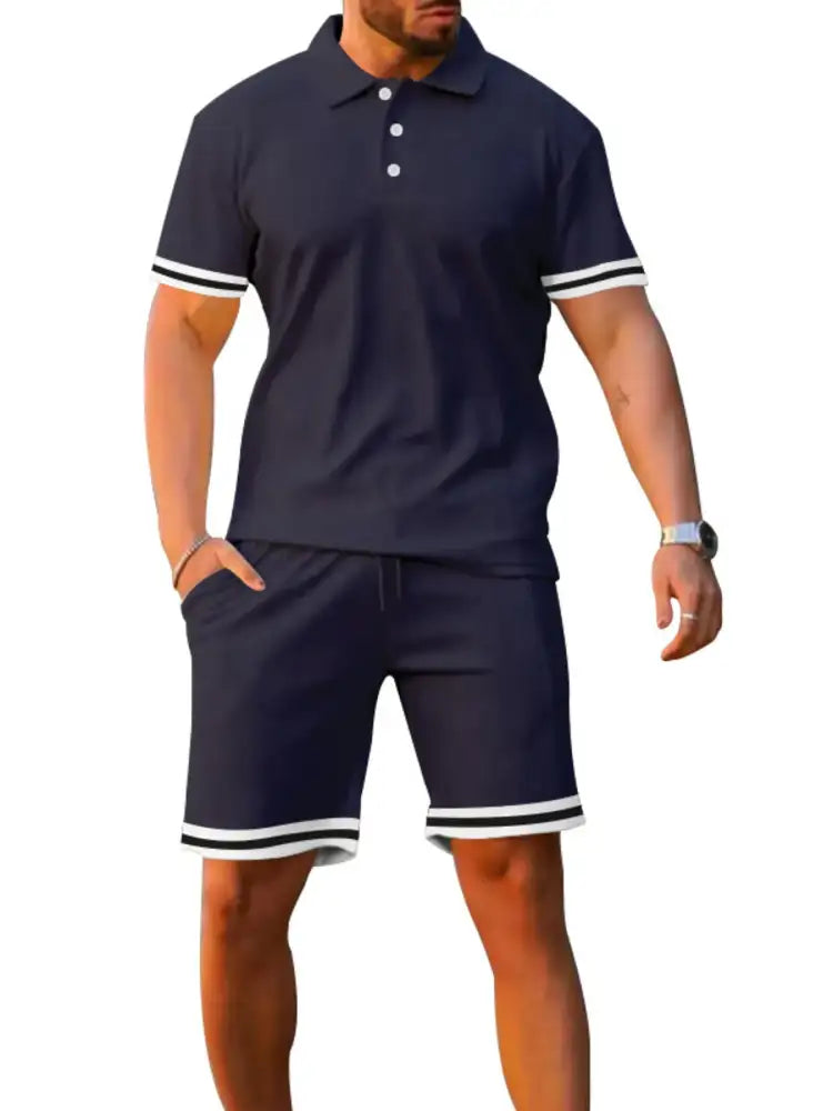 Men’s Full Size Contrast Trim Polo and Shorts Set Plus
