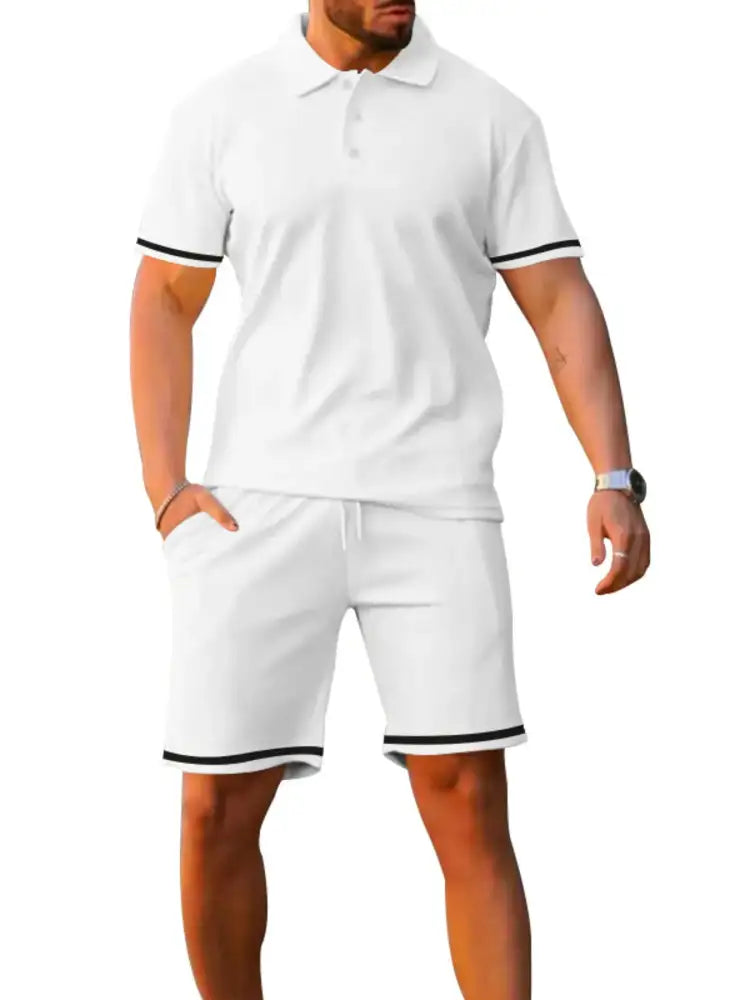 Men’s Full Size Contrast Trim Polo and Shorts Set Plus