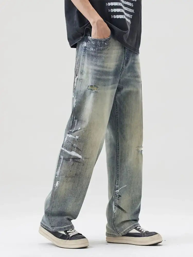 Men’s Full Size Distressed Wide Leg Jeans Plus