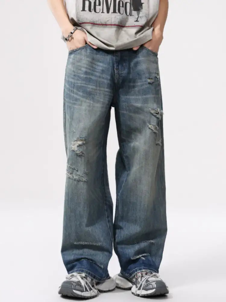 Men’s Full Size Distressed Wide Leg Jeans Plus