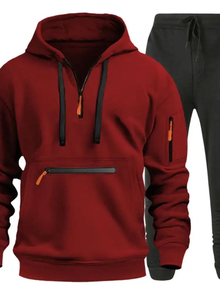 Men’s Full Size Drawstring Half Zip Hoodie and Pants Set Plus