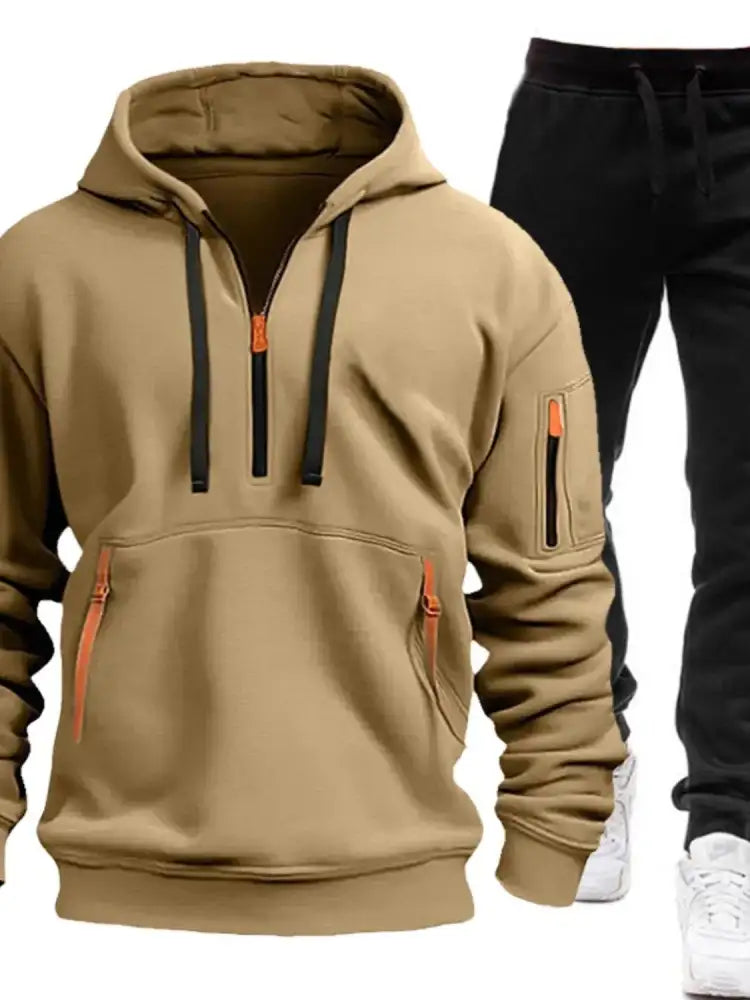 Men’s Full Size Drawstring Half Zip Hoodie and Pants Set Plus