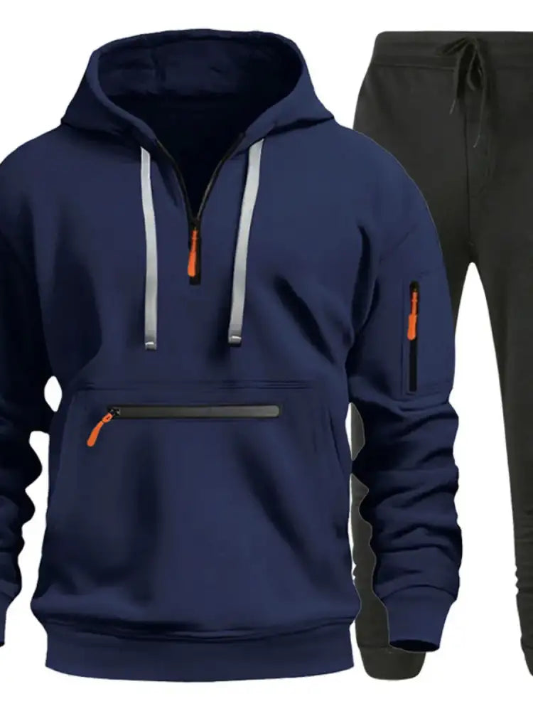 Men’s Full Size Drawstring Half Zip Hoodie and Pants Set Plus