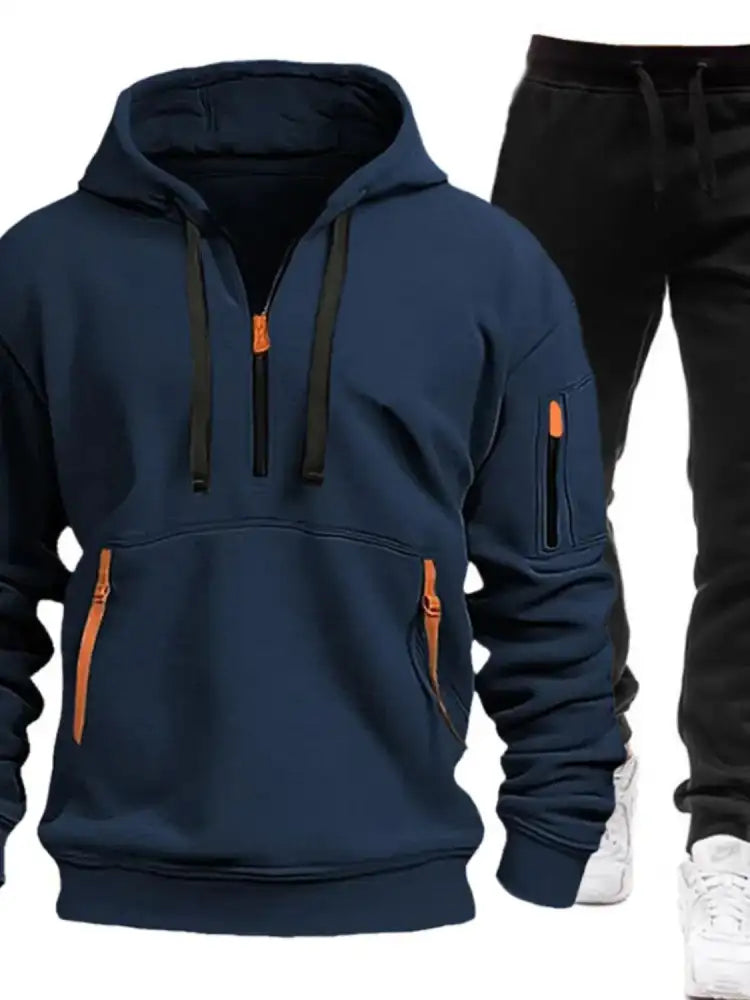 Men’s Full Size Drawstring Half Zip Hoodie and Pants Set Plus
