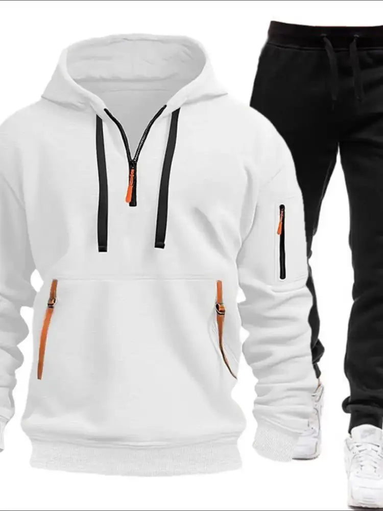 Men’s Full Size Drawstring Half Zip Hoodie and Pants Set Plus
