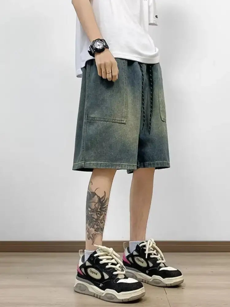 Men’s Full Size Drawstring Loose Fit Denim Shorts Plus