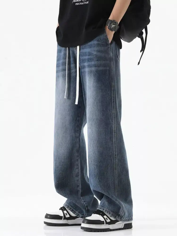 Men’s Full Size Drawstring Wash Wide Leg Jeans Plus