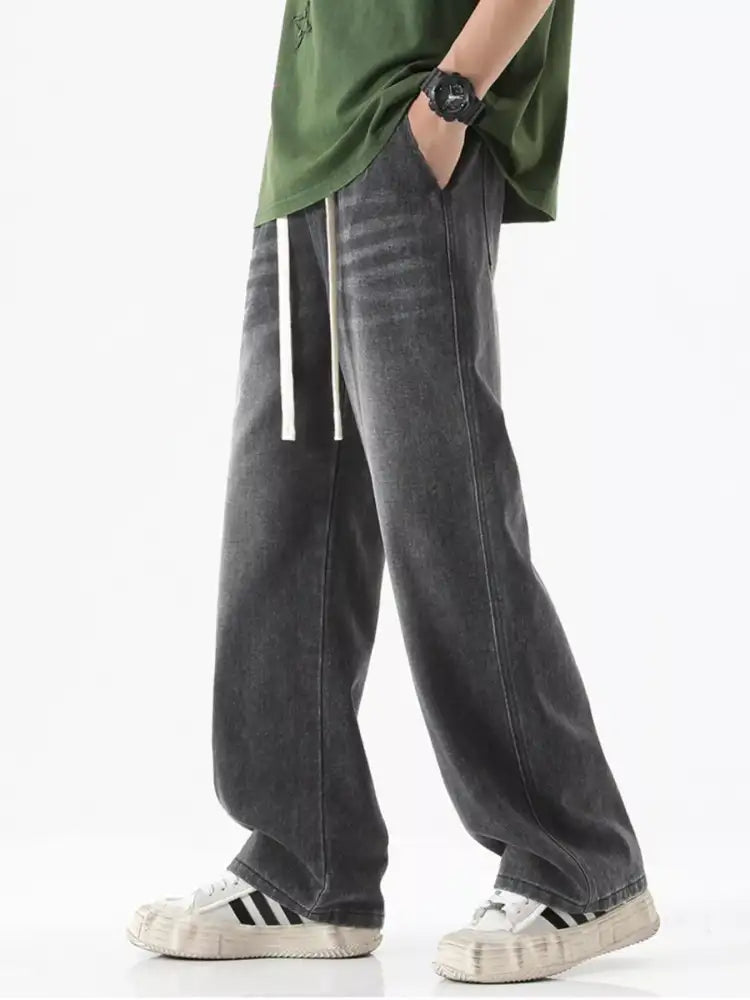 Men’s Full Size Drawstring Wash Wide Leg Jeans Plus