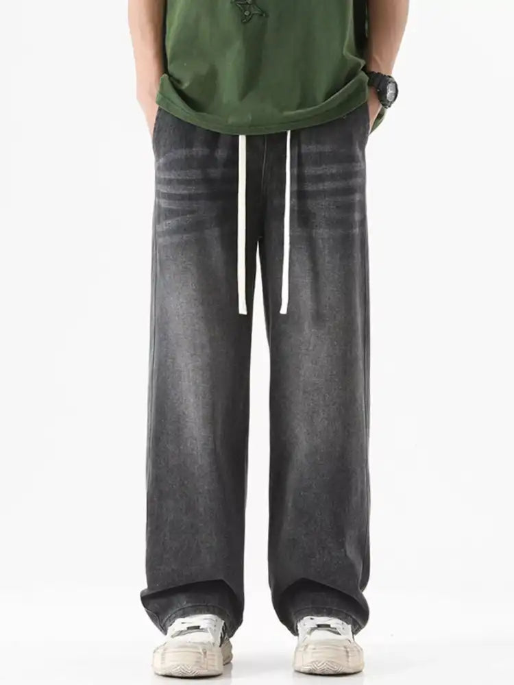 Men’s Full Size Drawstring Wash Wide Leg Jeans Plus