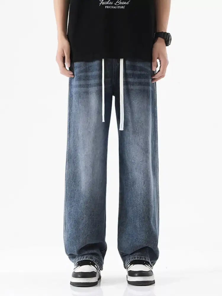 Men’s Full Size Drawstring Wash Wide Leg Jeans Plus
