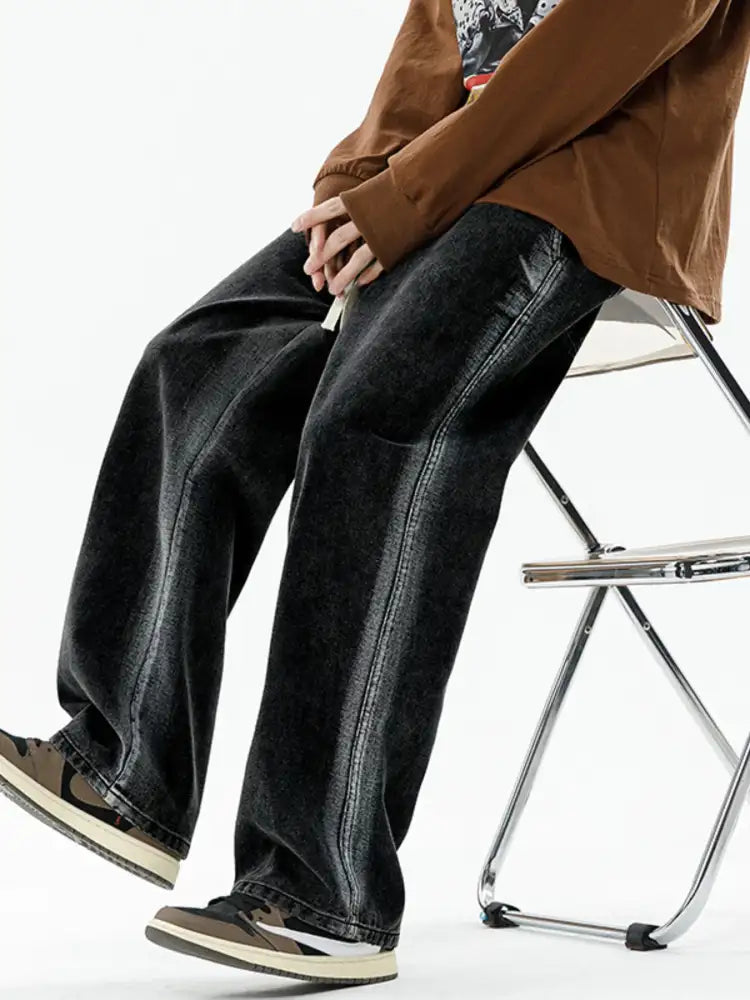 Men’s Full Size Drawstring Washed Wide Leg Jeans Plus