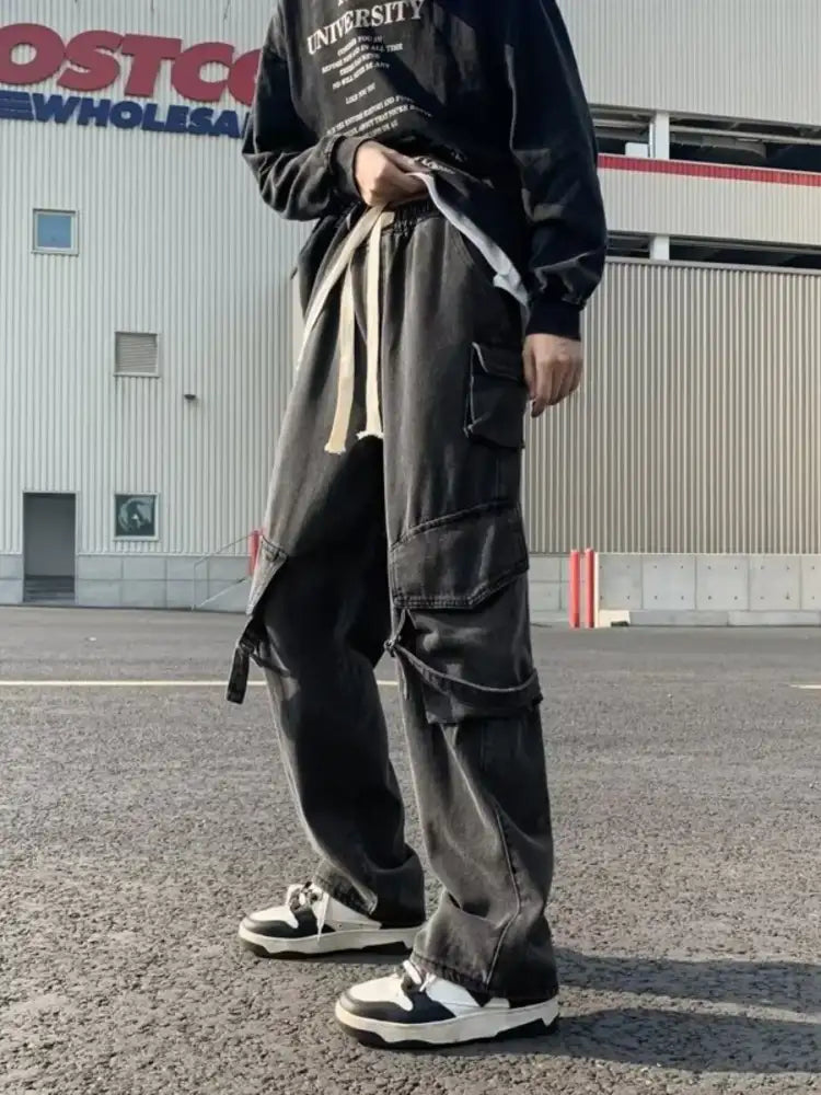 Men’s Full Size Drawstring Wide Leg Cargo Jeans Plus