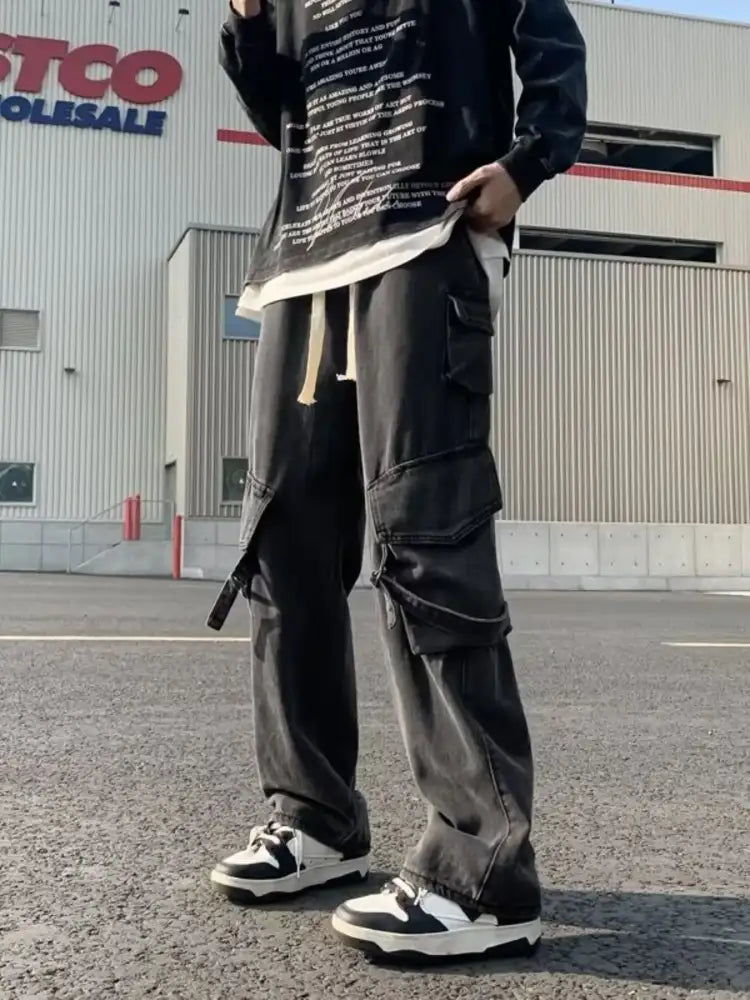 Men’s Full Size Drawstring Wide Leg Cargo Jeans Plus