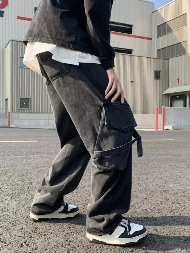 Men’s Full Size Drawstring Wide Leg Cargo Jeans Plus