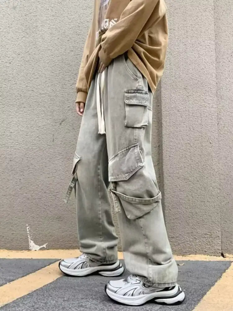 Men’s Full Size Drawstring Wide Leg Cargo Jeans Plus