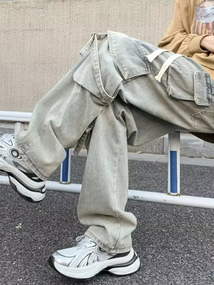 Men’s Full Size Drawstring Wide Leg Cargo Jeans Plus