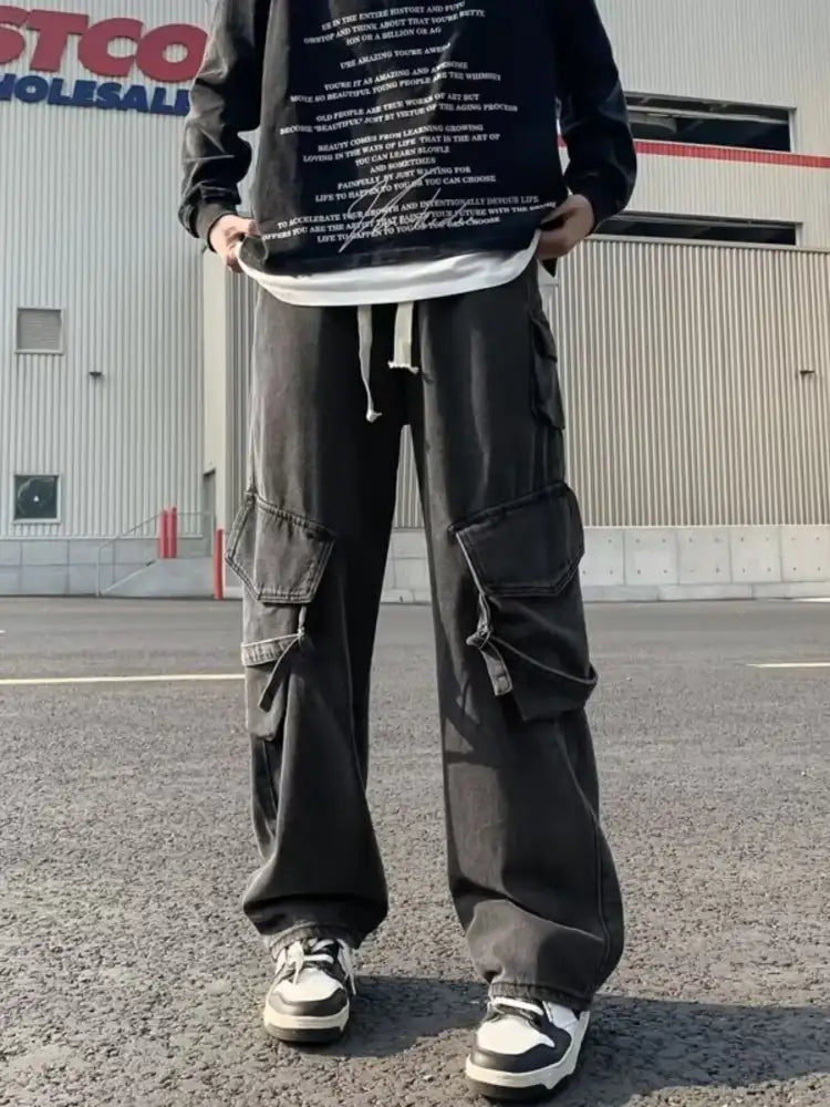 Men’s Full Size Drawstring Wide Leg Cargo Jeans Plus