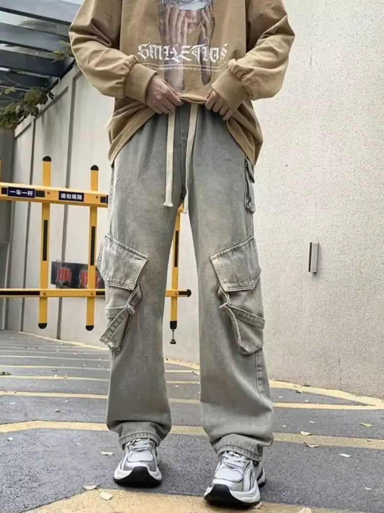 Men’s Full Size Drawstring Wide Leg Cargo Jeans Plus