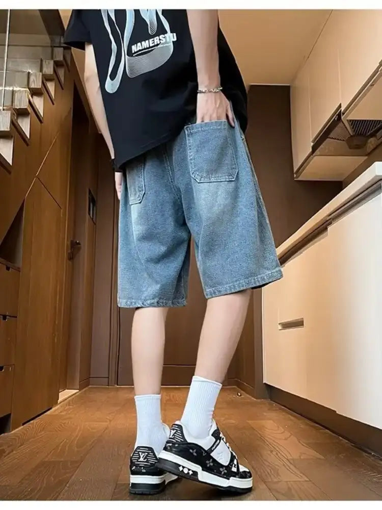 Men’s Full Size Drawstring Wide Leg Denim Shorts Plus