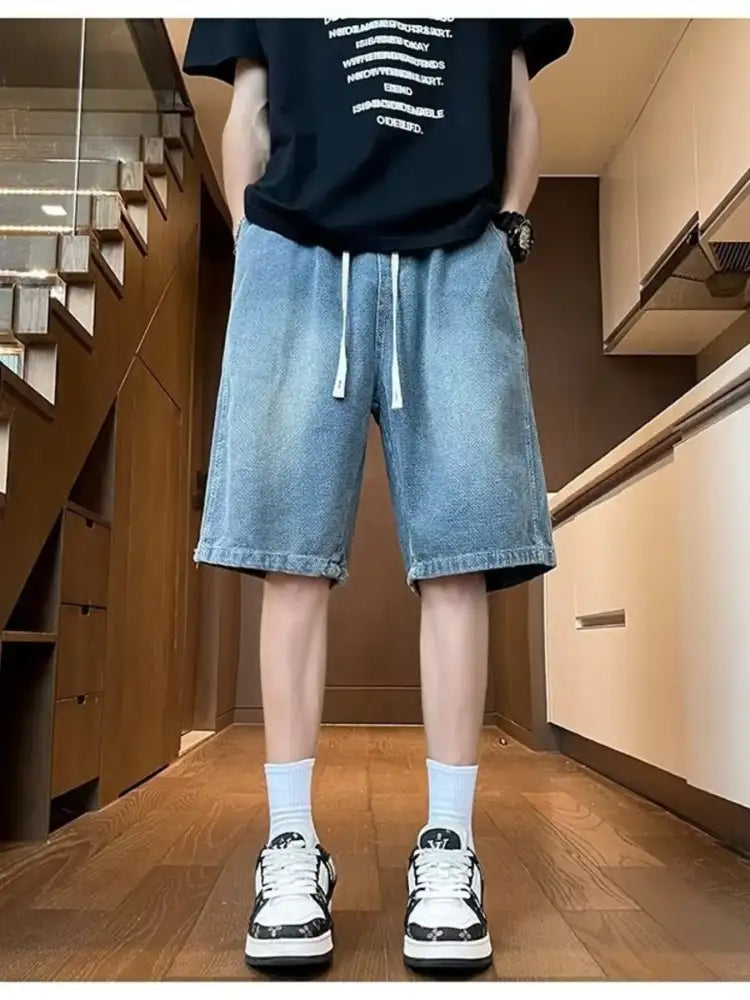 Men’s Full Size Drawstring Wide Leg Denim Shorts Plus