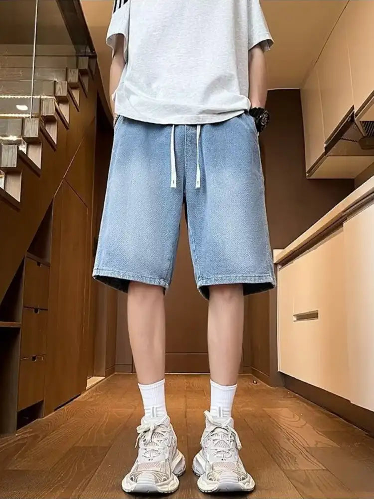 Men’s Full Size Drawstring Wide Leg Denim Shorts Plus