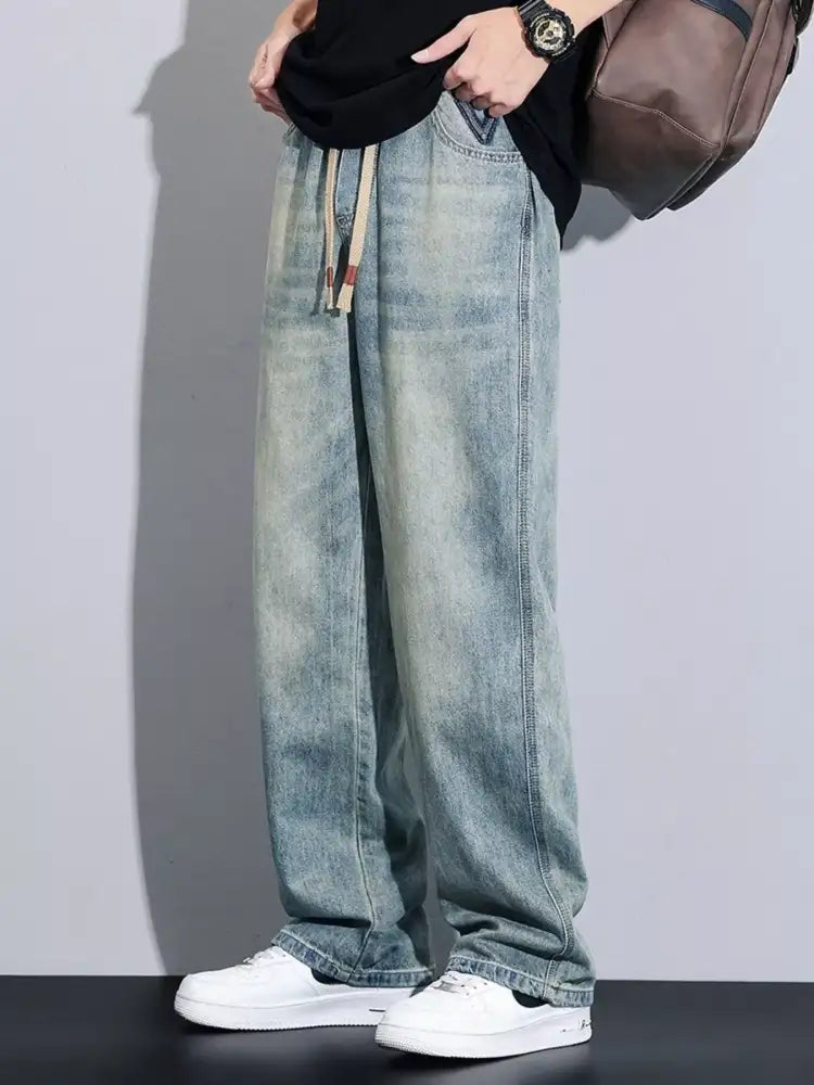 Men’s Full Size Drawstring Wide Leg Jeans Plus