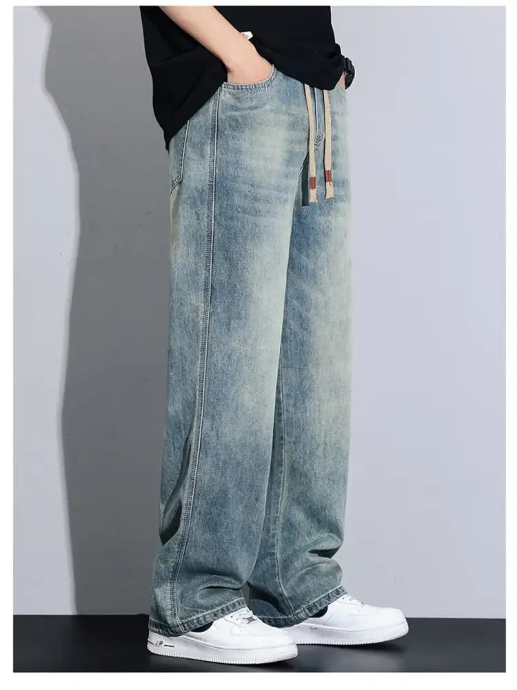 Men’s Full Size Drawstring Wide Leg Jeans Plus