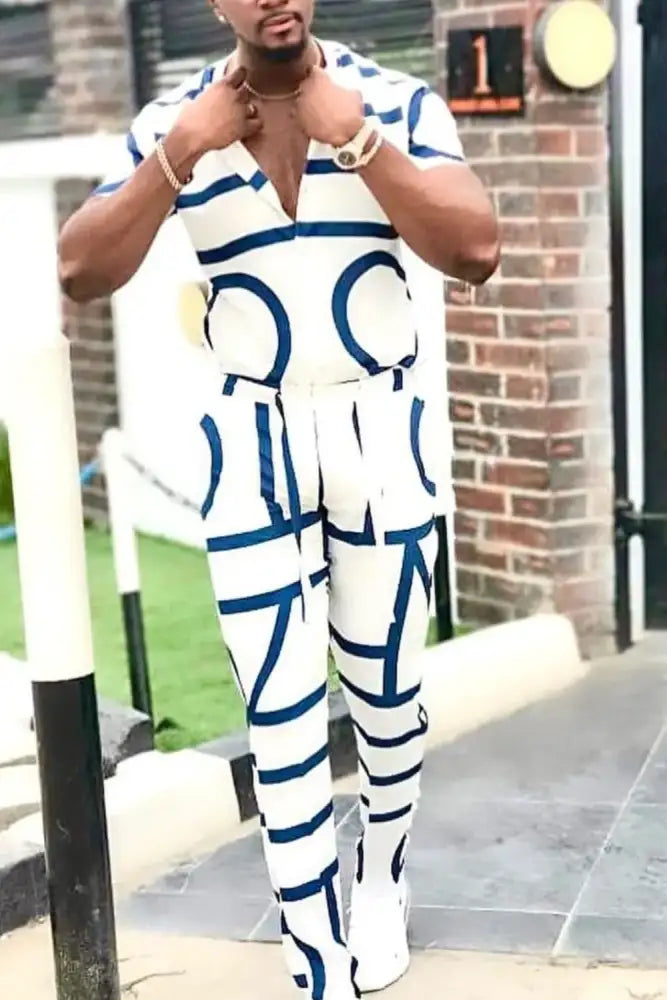 Men’s Full Size Geo Print Short Sleeve Top and Pants Set Plus