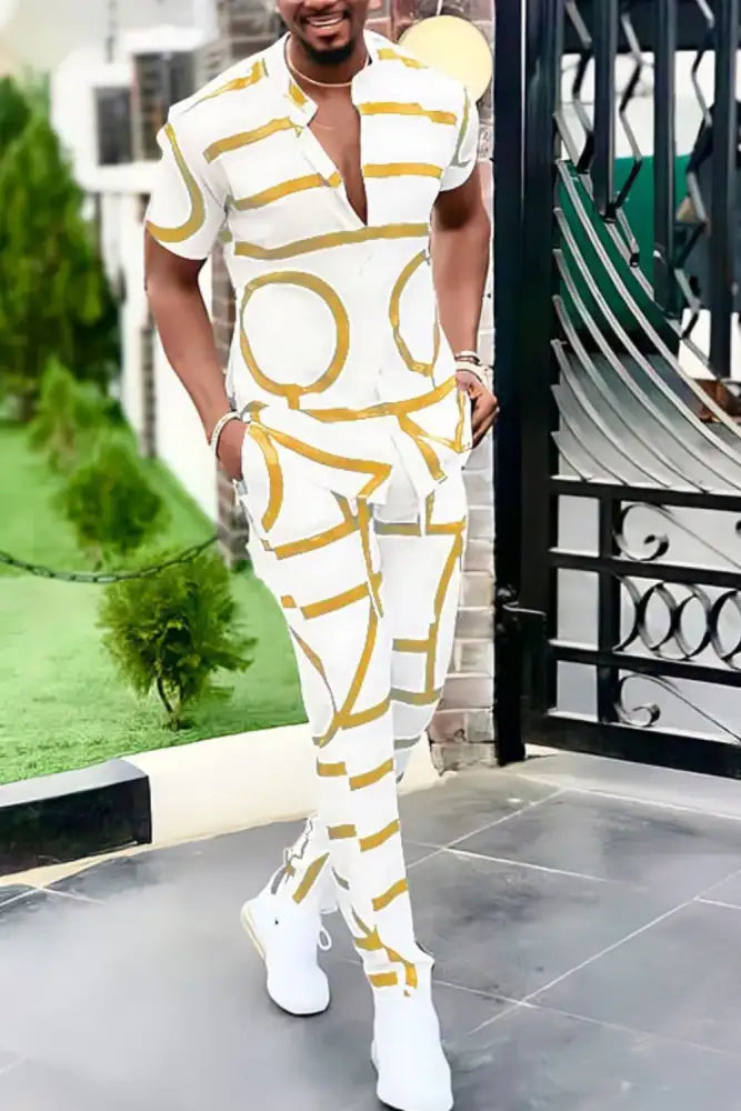 Men’s Full Size Geo Print Short Sleeve Top and Pants Set Plus