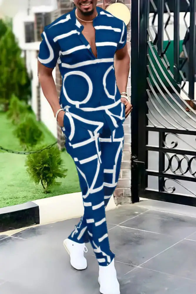 Men’s Full Size Geo Print Short Sleeve Top and Pants Set Plus