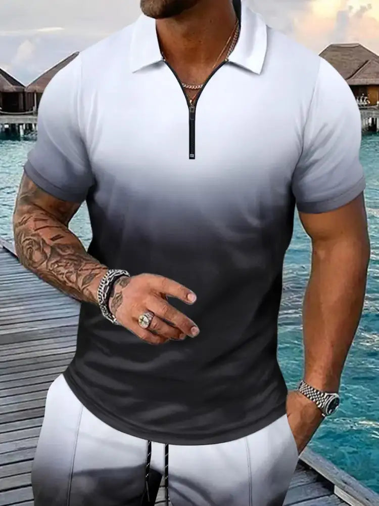 Men’s Full Size Gradient Collared Neck Top and Shorts Set Plus