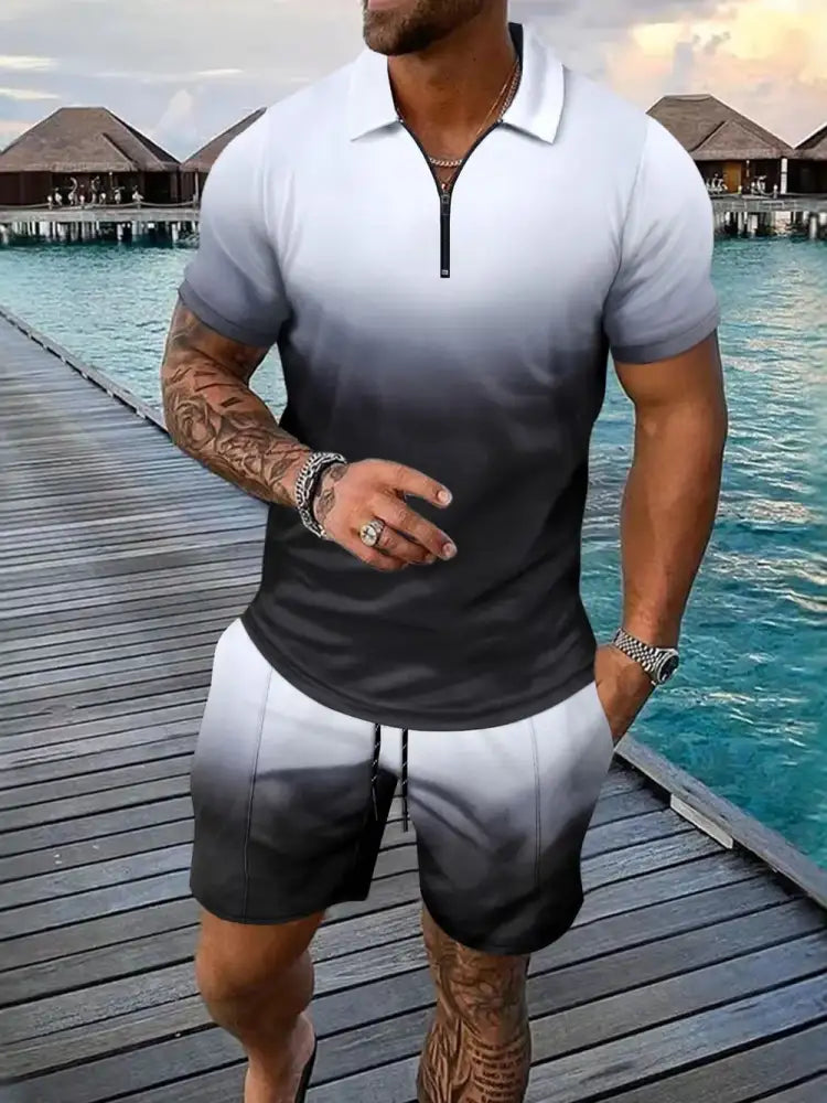 Men’s Full Size Gradient Collared Neck Top and Shorts Set Plus