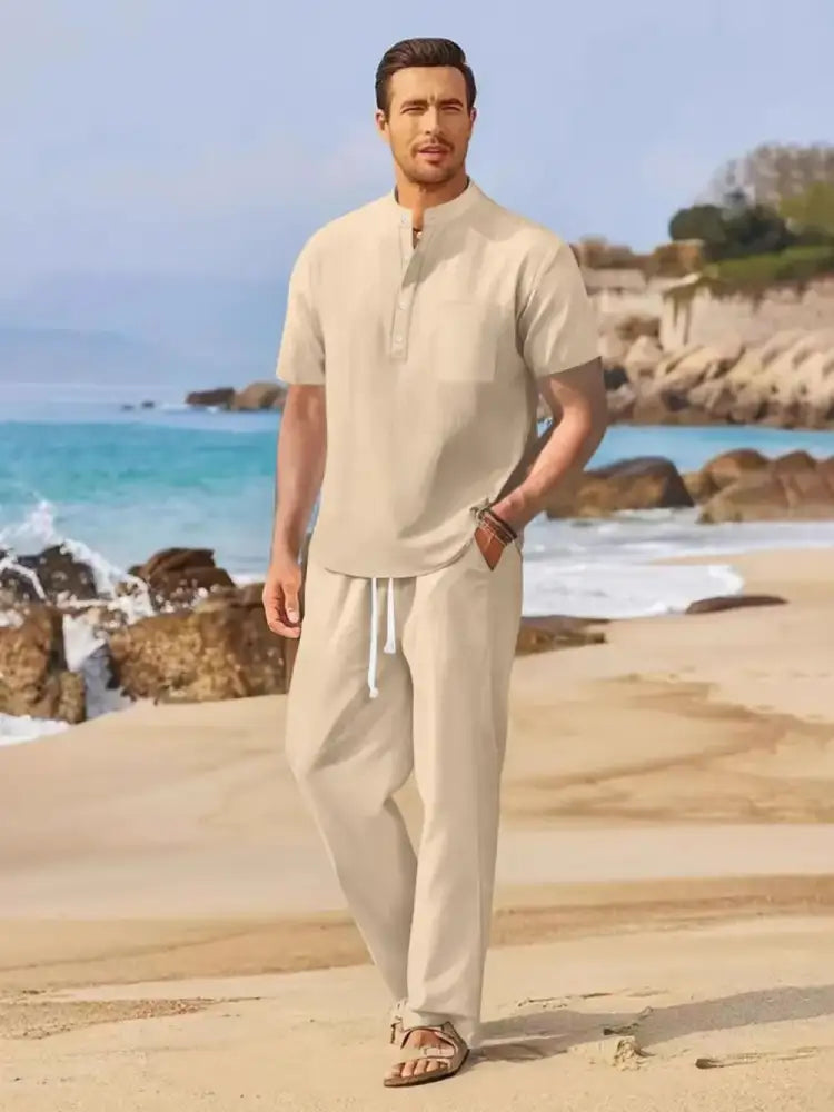 Men’s Full Size Half Button Top and Drawstring Pants Set Plus