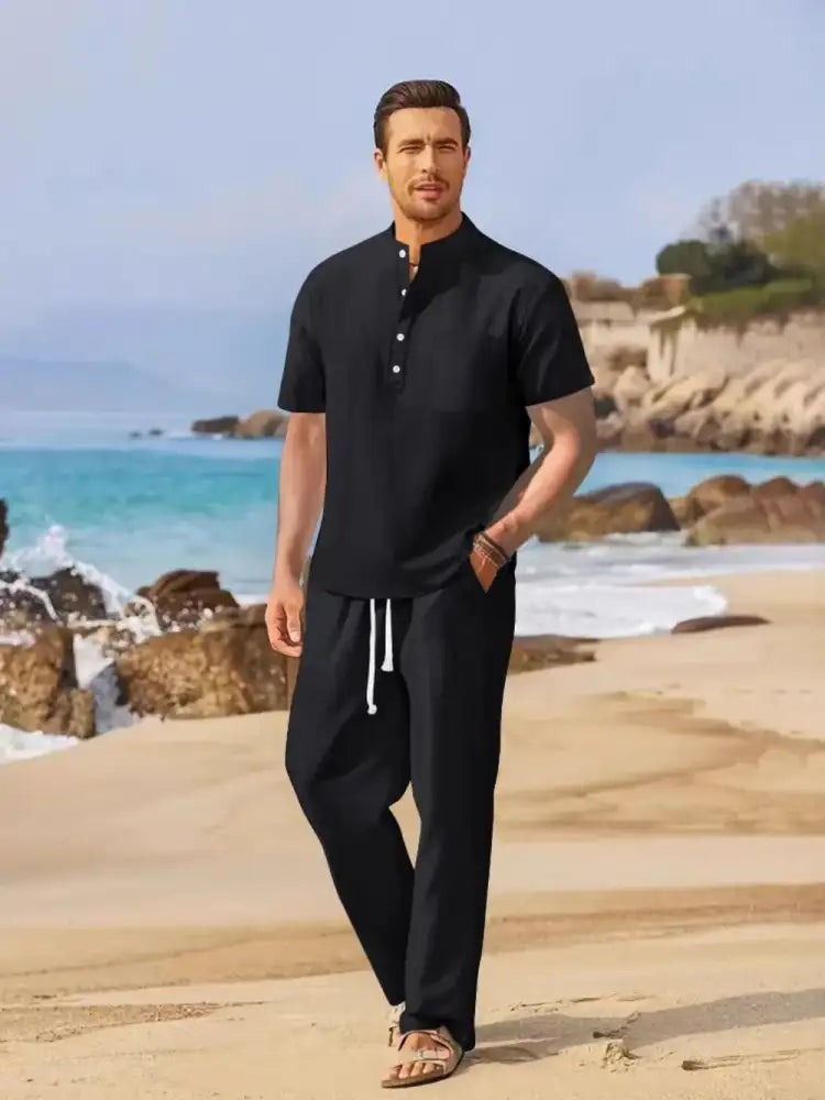 Men’s Full Size Half Button Top and Drawstring Pants Set Plus