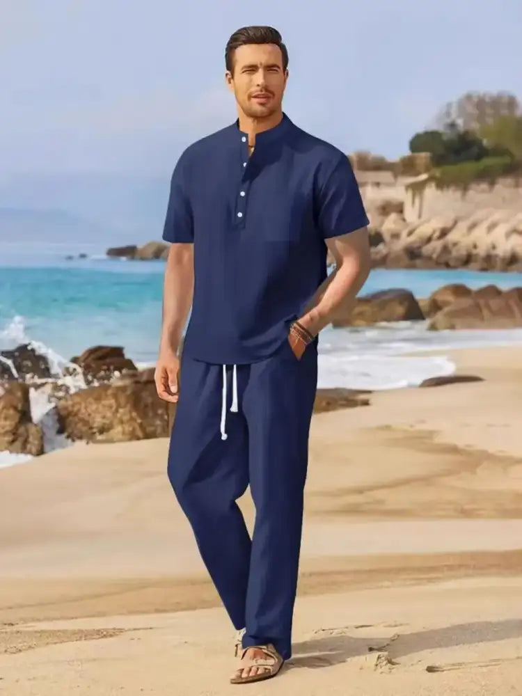 Men’s Full Size Half Button Top and Drawstring Pants Set Plus