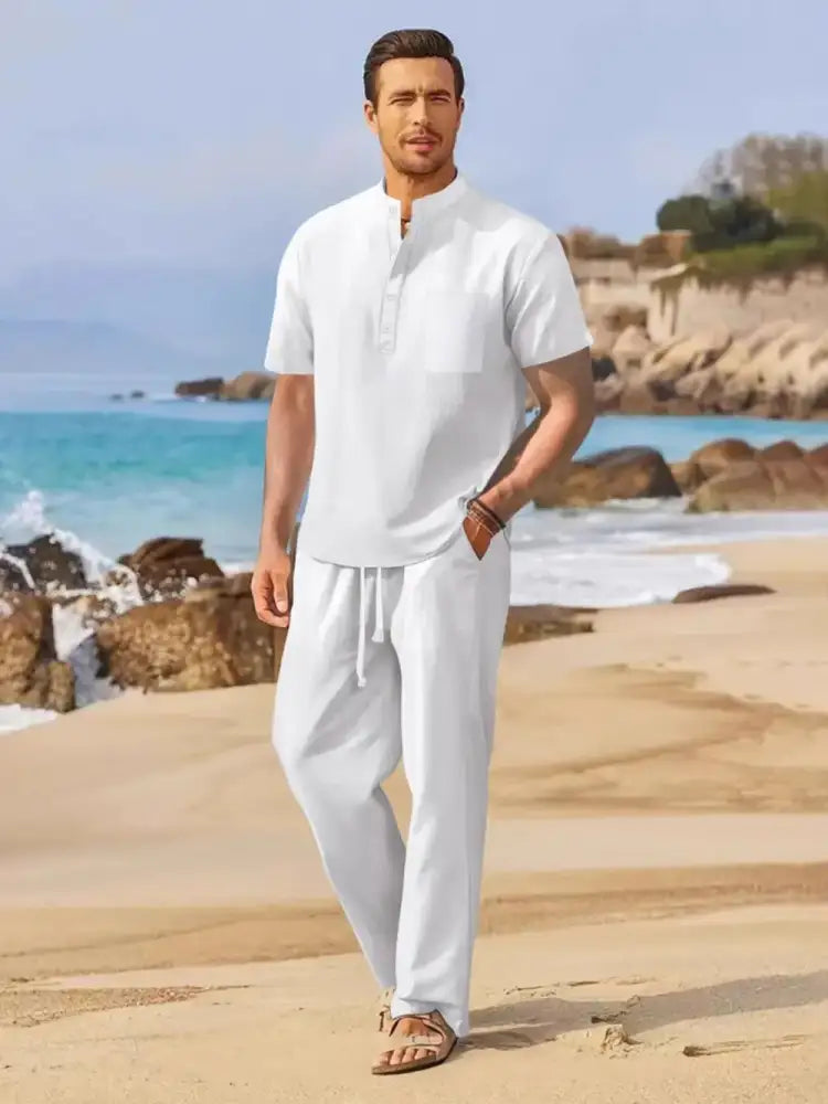 Men’s Full Size Half Button Top and Drawstring Pants Set Plus
