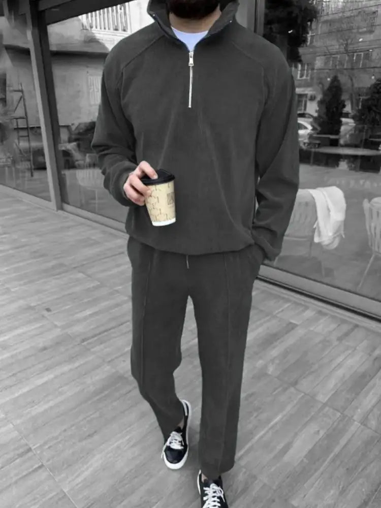 Men’s Full Size Half Zip Long Sleeve Top and Pants Plus